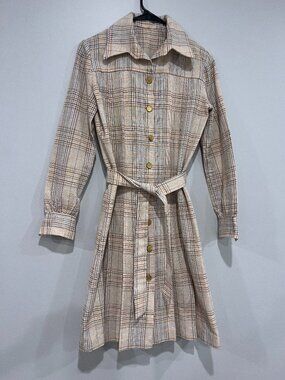 Vintage Plaid Shirt Dress Belted Custom Made No Tag Small Tan
